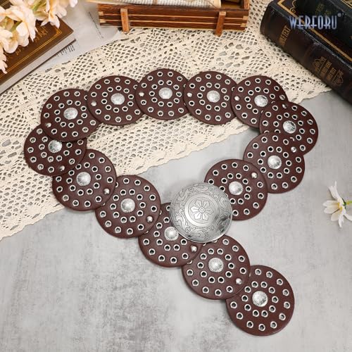 Image of WERFORU Women Wide Western Disc Belt Cowgirl Boho Leather Belt for Jeans Dress