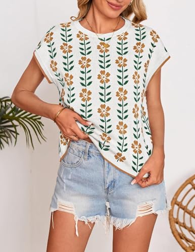 ZESICA Womens Summer Casual Printed Tops Cap Sleeve Crew Neck Cute Knit Sweaters 2025 Trendy Clothes Outfits3