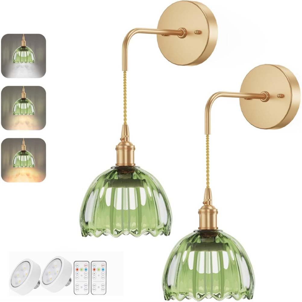 Aplique de pared retro de 2 piezas, ajustable, recargable con casquillo E27, regulable con mando a distancia, inalámbrico, recargable, con pantalla de cristal verde, lámpara de mesita de noche de est