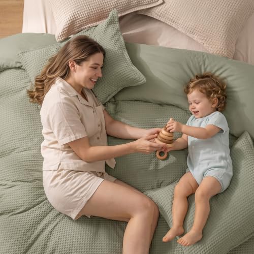 Image of PHF Waffle Duvet Cover Set King Size, No Snagging Ultra Soft Luxury Textured Breathable Comforter Cover for All Season 3pcs, Durable Bedding Duvet Set with 2 Pillow Shams, 104 inchx90 inch, Dusty Sage