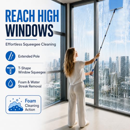 Image of Window Squeegee with 75 inch Extension Pole, ITTAR Rubber Water Wiper for Glass | Durable Stainless Steel Rod, Rotatable Head for Window Edge, Chenille & Microfiber Pad, Squeegee for Variety Cleaning Needs