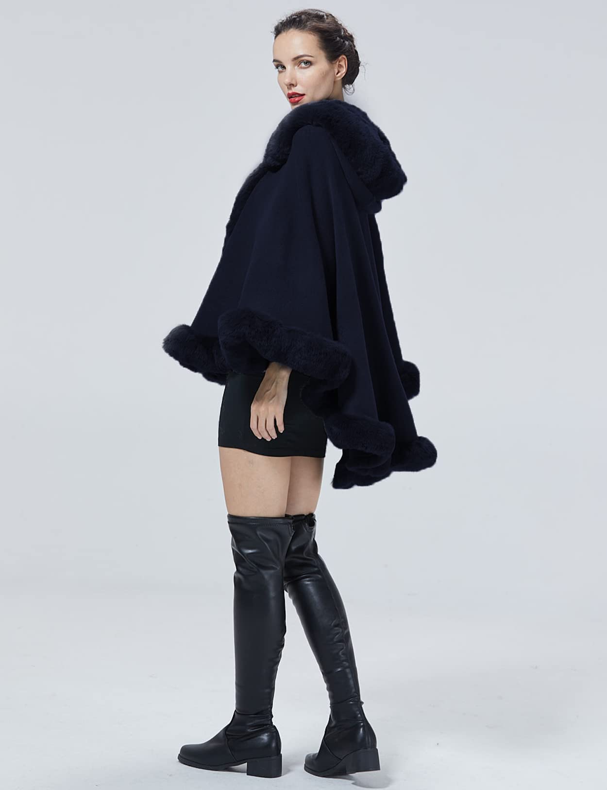 Poncho Hooded Shawl Wrap Women Cape Winter Faux Fur Trim Coat Sleeveless Cardigan Dressy Cloak for Party: One Size Dark Blue