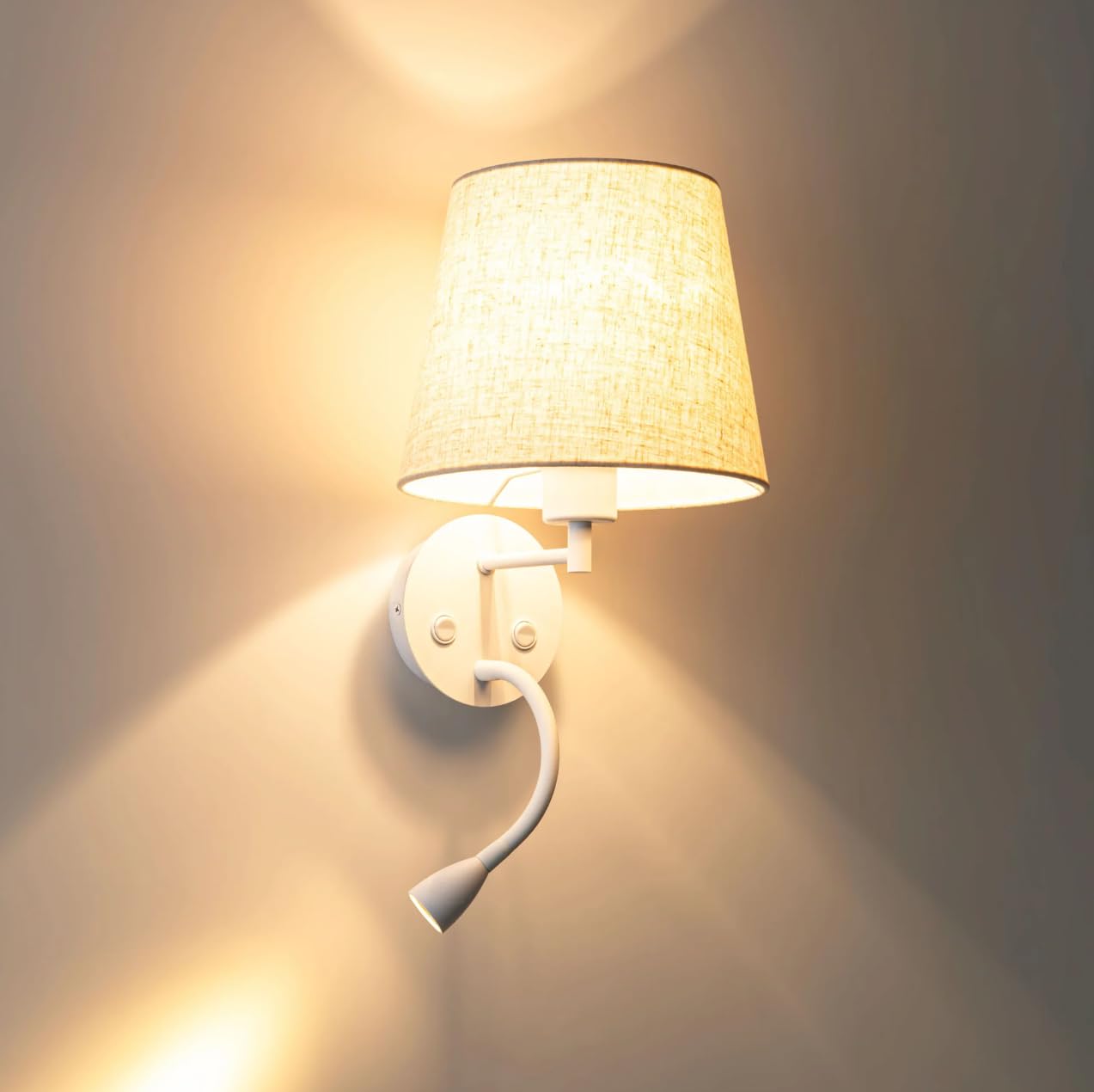 BARCELONA LED Aplique de Pared para Lectura MAR II con Casquillo E27 y Foco LED Flexible 3W 2400K Luz Cálida, Lámpara de Cabecero con Pantalla de Tela, Doble Interruptor, Blanco para Dormitorio