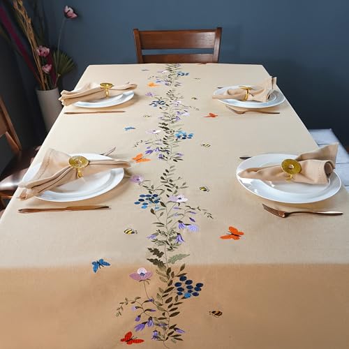 Image of 100% Cotton | Premium Embroidered Tablecloth | 150 cm x 150 cm|Small Dining Table Cover for 4 Seater - Elegant & Washable-Summer Bloom