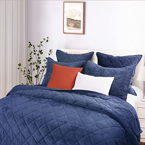 Phf Luxurious Velvet Corduroy Quilt Set King Size, 3Pcs Extreme Soft Geomerty Coverlet Set, 1 Bedspread 104" X 90" And 2 Pillow Cases 20" X 36", Navy Blue #TOP1