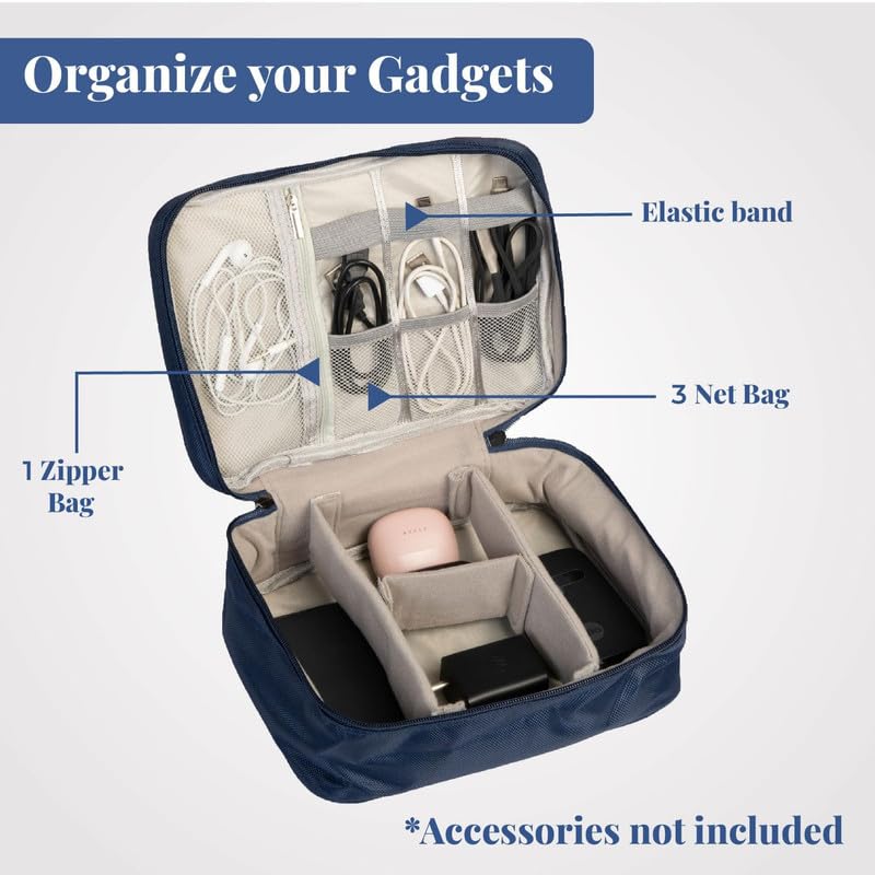 Image of HomeStrap Tech Organizer Case for Electronics Accessories | Storage Pouch for Chargers, Cables, Power Banks, SD Cards & Earphones | Waterproof & Travel-Friendly Gadget Bag -Navy Blue, Large