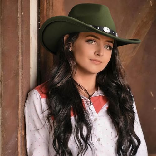 Image of DRESHOW Women Men Classic Felt Wide Brim Western Cowboy & Cowgirl Cap Belt Buckle Retro Panama Hat Unisex Rolled up Caps