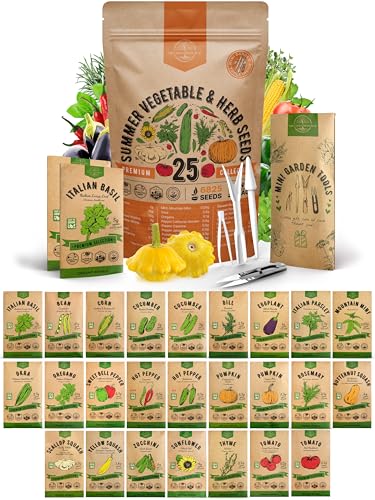 25 Summer Vegetable & Herb Garden Seeds Variety Pack - 6,820+ Non-GMO Heirloom Veggie & Herb Seeds for Outdoors and Indoor Home Gardening: Tomato, Pepper, Okra, Bean, Cucumber, Basil, Rosemary