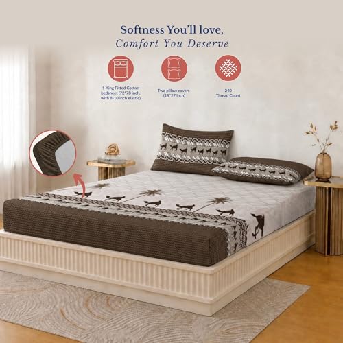 Image of Jaipur Weaves Bedsheet King Size 100% Pure Cotton Bed Sheet with 2 Pillow Covers, 300 TC Premium Bedding Set, 72x78 inches, Soft Breathable Camel Design Bedding (Olive Desert, Super King Fitted)