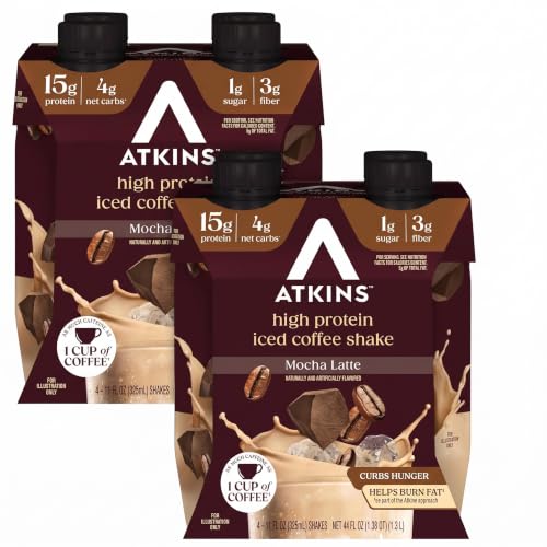 Atkins Mocha Latte Iced Coffee Protein Shake, 15g Protein, Low Glycemic, 4g Net Carb, 1g Sugar, Keto Friendly (Pack of 24)