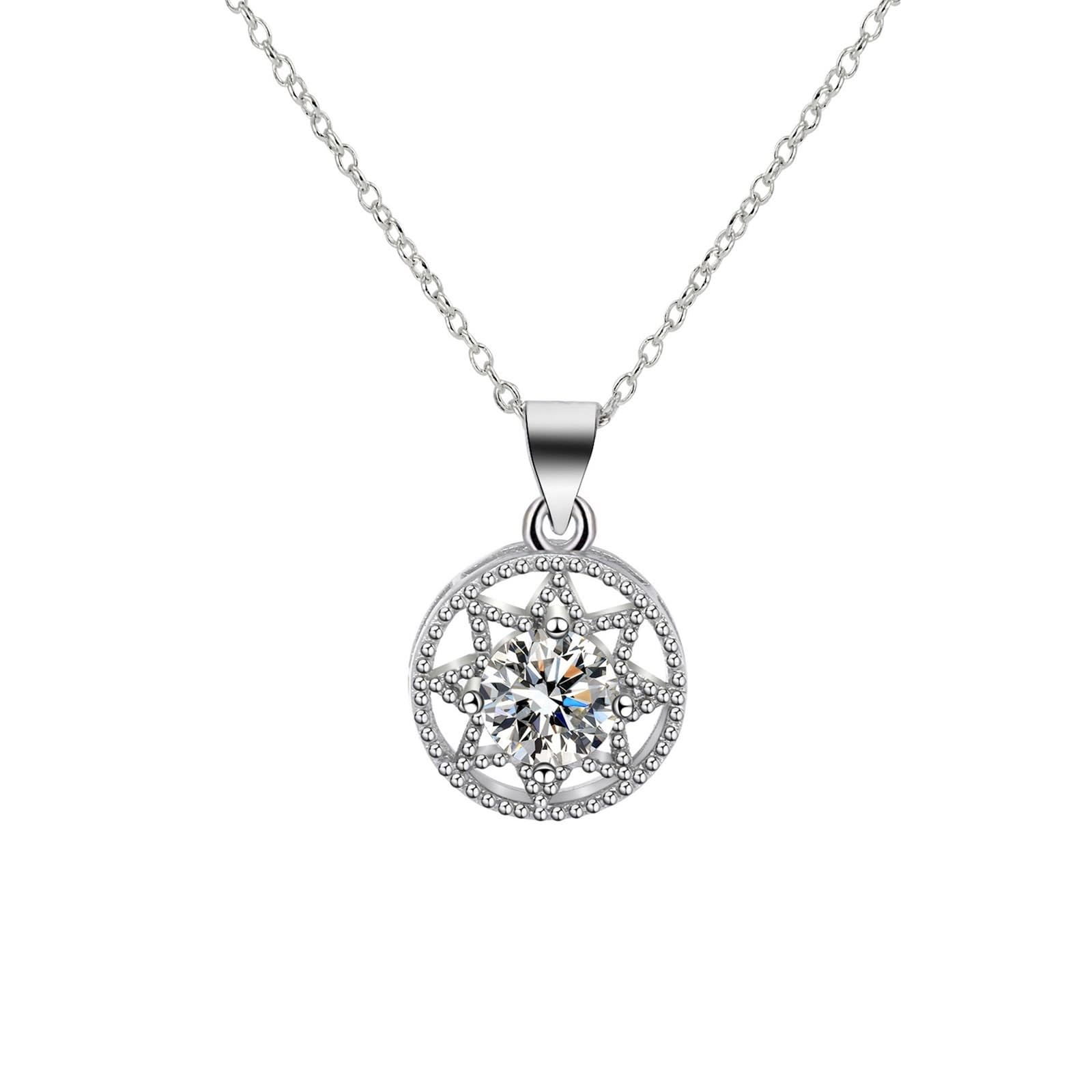 KnBoB Collar para mujer de oro blanco 375 de 9 quilates, diseño de flor hueca, 1 ct, redondo, cadena de diamante con colgante de 40 + 5 cm