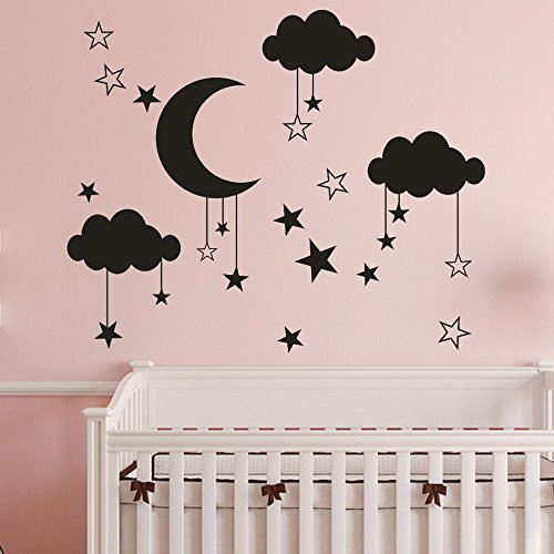 Homebaby Stickers Muraux-Lune Stickers Muraux Amovible Sticker Muraux Étoiles Sticker Muraux Nuages Sticker Muraux Autocollants Muraux Mural Stickers Chambre Enfants Bébé Garderie Salon (Noir)