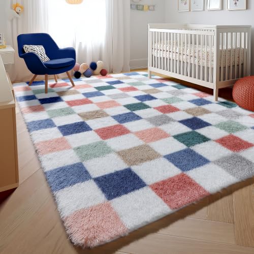 Image of KICMOR 6x9 Area Rugs for Living Room, Large Fluffy Soft Colorful Checkered Fuzzy Shag Shaggy Bedroom Carpet, Cute Indoor Plush Rainbow Rug for Teen Kids Boys Girls Dorm Nursery Home Decor Aesthetic