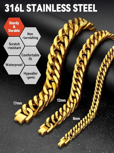 FaithHeart Stainless Steel Cuban Link Bracelet for Men, Gold Plated/Black/Silver Mens Chain Bracelet 8/12/17mm Width, 7.5/8.3/9.1 Inch Length Sturdy Wrist Bracelets Hip Hop Jewelry, with Gift Box4