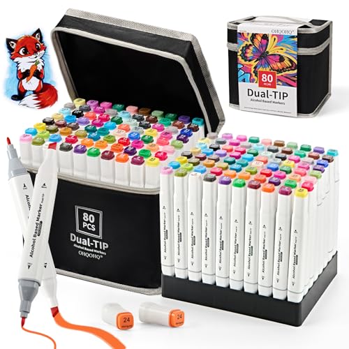OHQOHQ Alcohol Markers Set 80 Colors Dual Tip Art Markers Alcohol Based Chisel & Fine Tip Coloring Markers for Adult Coloring Books Sketching Drawing Illustration Art Supplies