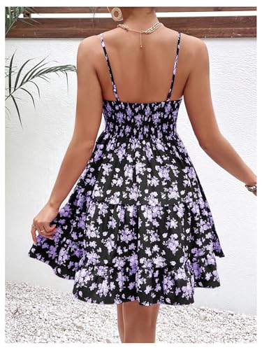 Image of Verdusa Women's Floral Print Dress Cute Summer Mini Dresses Ruched Sleeveless Ruffle Hem A Line Cami Sundress