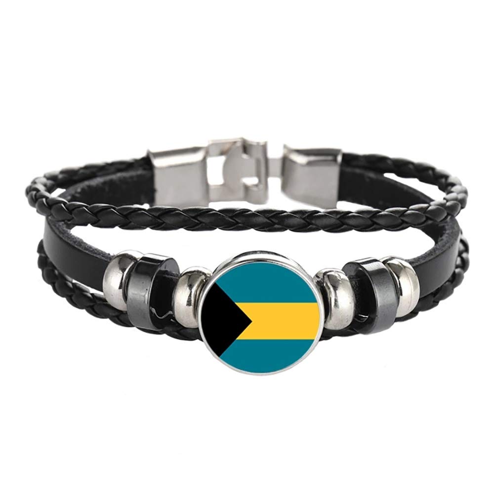 Bahamas Flag Braided Bracelet Leather Chain Crystal Wristband Souvenir,Fashion Handmade Bracelet for Man & Woman Special Day's Gift