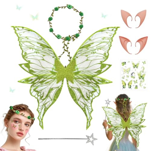Fettwal Feenflügel Erwachsene Kinder Damen, Feen Kostüm Damen Kinder, Feen Flügel Elfen Kostüm Damen, mit 2 Paar Elfenohren, Elfengirlande, Feenflügel Kostüme, für Halloween Karneval Ostern (Grün)