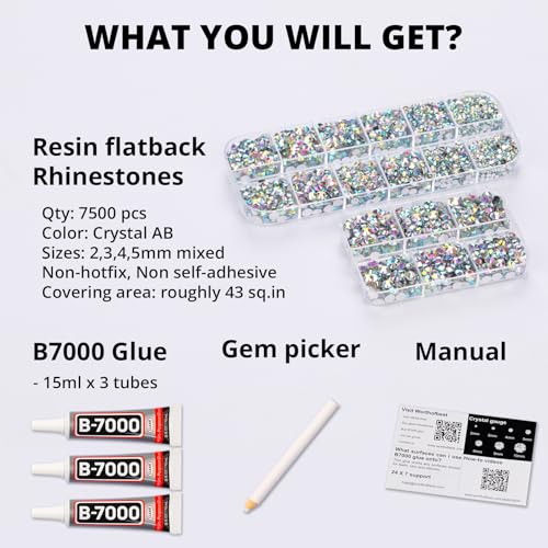 7500Pcs AB Crystal Iridescent Rhinestones Flatback with b7000 Gem Glue for Crafts Clothes Clothing Crafting, Stones Flat Back Rhinestones for Fabric Shoes Tumblers Shirt, AB Diamonds 2/3/4/5mm Mix - Thumbnail 2
