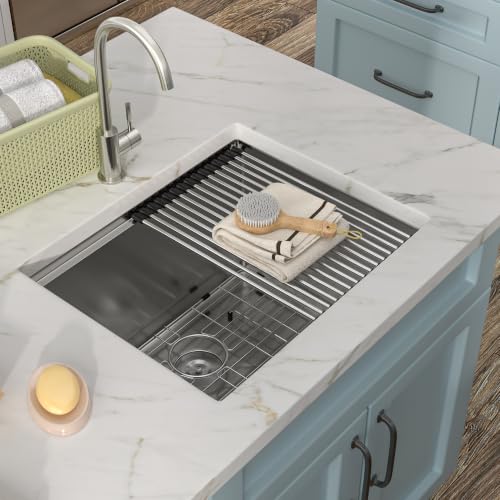 Image of 23 inchx19 inch Undermount Laundry Utility Sink Workstation - 16 Gauge 304 Stainless Steel, 13 Inch Deep Single Bowl Under Counter Sink Basin for Laundry Room, RV or Utility Use