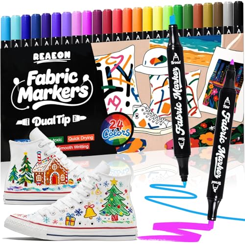 Reaeon Fabric Markers Pen, 24 Colors Dual Tip Fabric & T-Shirt Marker Set, Permanent Fabric Paint Pens for Clothing Canvas Tote Bags and Shoes (Chisel & Fine Tip)