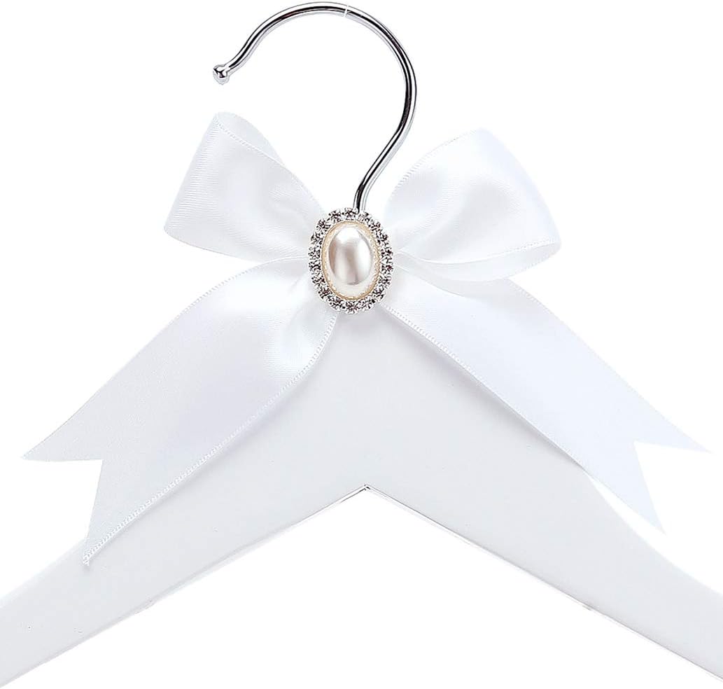 White Solid Wood Bridal Dress Hanger with Bridal Wire Lettering for Bridal Wedding Party Gift (White Coat Hanger Pearl Silver Thread)