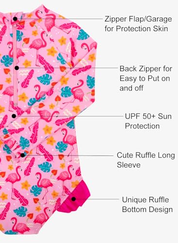 Image of Baby Toddler Girl Long Sleeve Ruffle Swimsuit One Piece Zipper Rash Guard Bathing Suit with UPF 50+ Sun Protection