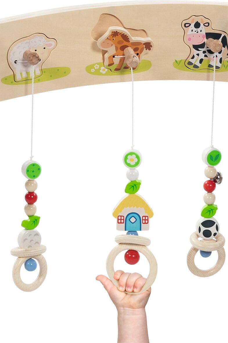 goki 6634 - baby Bauernhof-Set aus Holz, 3 teiliges Geschenkset inkl. Spielbogen mit Tierstimmen, Schnullerkette und Käfigrassel, Made in Germany, Bauernhoftiere, ideal für Kleinkinder ab der Geburt