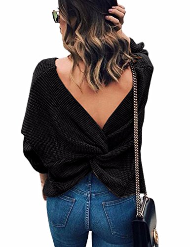 Sexyshine Women's Casual V Neck Criss Cross Backless Long Batwing Sleeve Loose Knitted Sweater Pullovers2