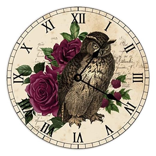 Vintage Owl Wall Clock French Flower Country Tuscan Style Wall Clock Wooden Wall Clock,Battery Operated,Farmhouse Wall Decor Home Decor for Kitchen,Living Room,Bedroom,Office,10 Inch