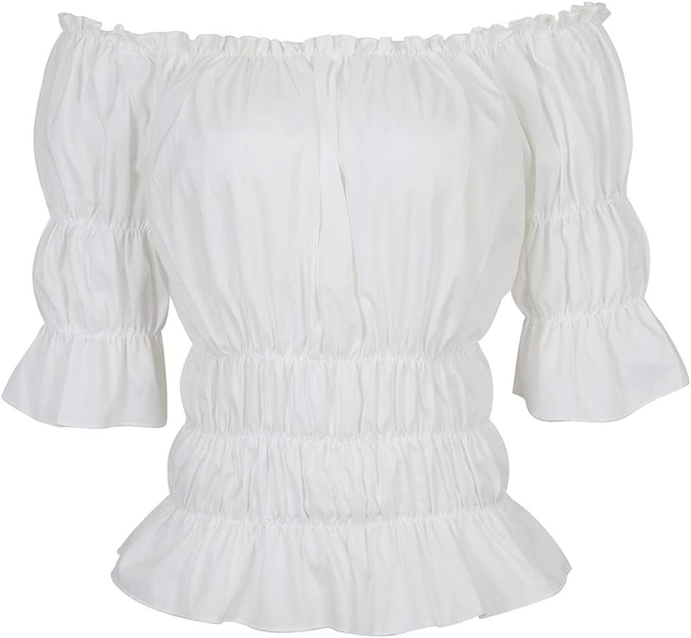 KranchungelWomen Renaissance Blouse Victorian Steampunk Pirate Shirt Off Shoulder Short Sleeve Smocked Blouse Tops