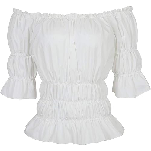 Women Renaissance Blouse Victorian Steampunk Pirate Shirt Off Shoulder Short Sleeve Smocked Blouse Tops