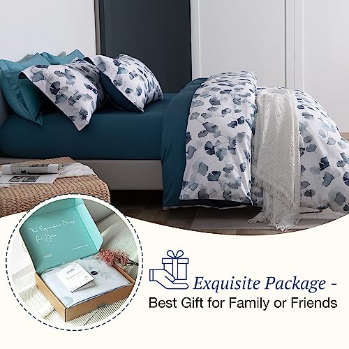 MILDLY 100% Long-Staple Cotton Duvet Cover Set Light Navy Ginkgo Leaf Pattern Printed Comforter Cover 3pcs, Ultra Soft & Breathable Bedding Set