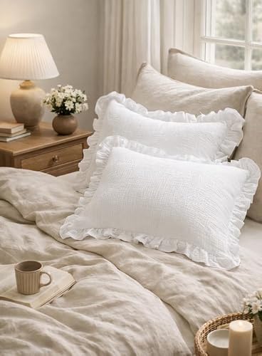 WWW.THROWPILLOW.IN White Smooth Cotton Ruffled Cushion Cover Solid Textured Minimalist Decorative Pillow for Sofa Bedroom Farmhouse Boho Home Décor Rectangular Cushion 12x18 Inches