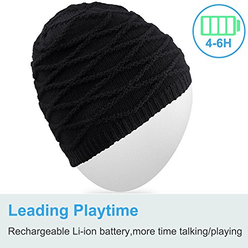 Rotibox Rechargeable Bluetooth Audio Beanie Hat Fashional Double Knit Skully Cap w/Wireless Stereo Headphone Headset Earpiece Speakerphone Mic for Sports Skating Hiking Camping - Black