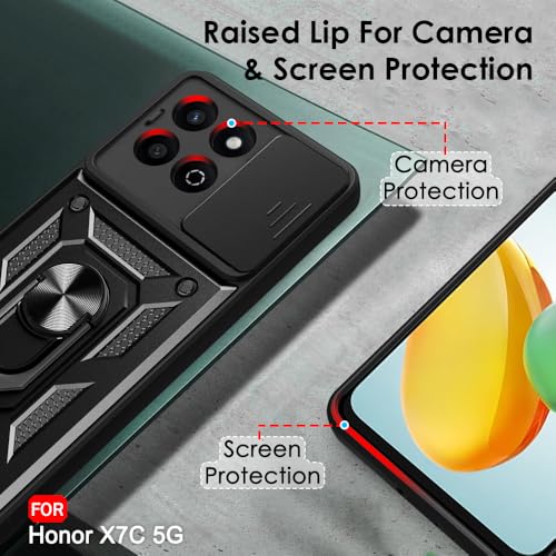 Image of TheGiftKart Tough Armor Bumper Back Cover Case for Honor X7C 5G | Kickstand & Ring Holder | 360 Degree Protection Back Cover Case for Honor X7C 5G (PC & TPU, Sliding Camera Cover, Black)