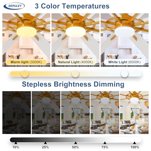 Image of Depuley 72-Inch Ceiling Fan with Light: Modern 8-Blade Brass and White Indoor Outdoor Fans with Remote App Control Dimmable Light - Ultra Quiet DC Motor Reversible 6 Speed Timer