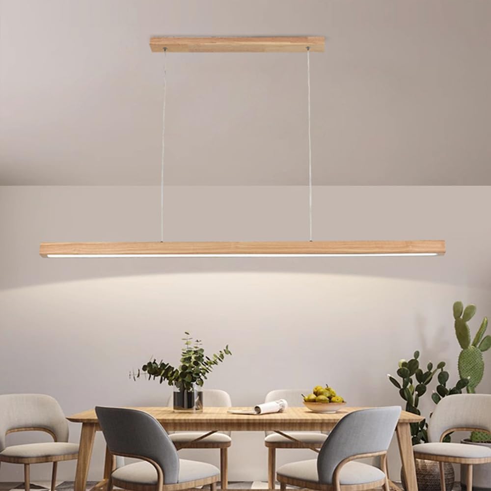 Natural Wood Led Linear Light Fixture, Modern Simple Long Strip Hanging Light - 3 Color Temp, Kitchen Island Pool Table Bedroom Bar Changing Ceiling Lights/Wood Color/60Cm