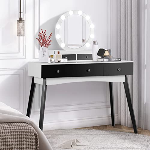 AODAILIHB Vanity Desk Set with LED Lighted Mirror & Power Outlet, Makeup Vanity Table with 5 Storage Drawers, 3 Colors Mirror Brightness Adjustable
