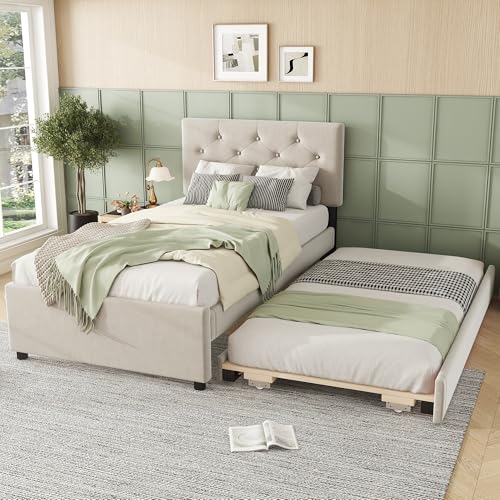 CelticHearth Cama tapizada 90 x 200 cm, terciopelo, beis, con somier, con cajón, minimalista, sin colchón