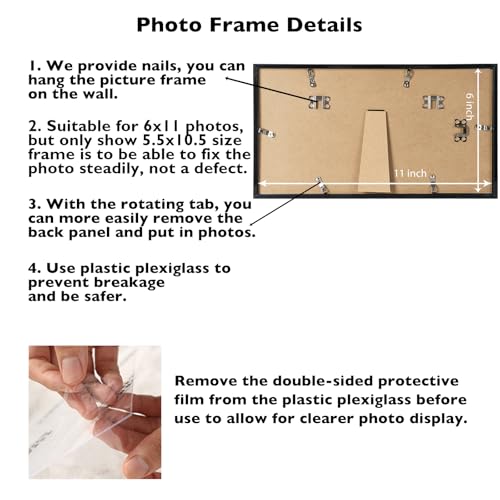 Image of JCJMY 6x11 Picture Frame Black for Wall Hanging or Tabletop, Wall Mounting Horizontally or Vertically, 6 x 11 Wall Gallery Poster Photo Frame with Shatter Resistant Plexiglass, Black