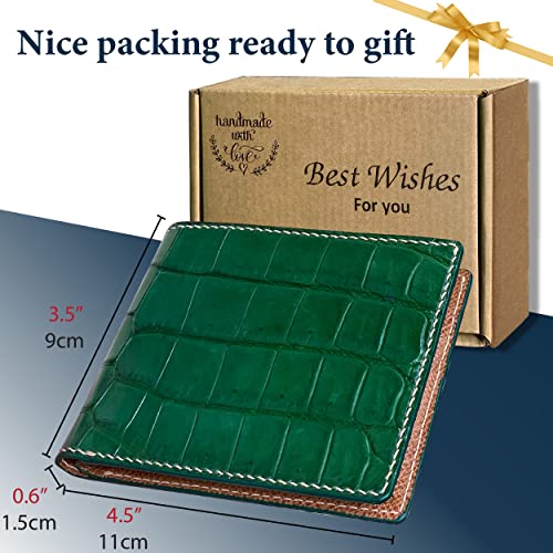 Image of Green Leather Slim Bifold Wallet Gift Men Hand Stitching Luxury Large Capacity Credit Card Holder Premium Security Wallet RFID Blocking Anti Theft Handmade By Vietnamese VINAM-87