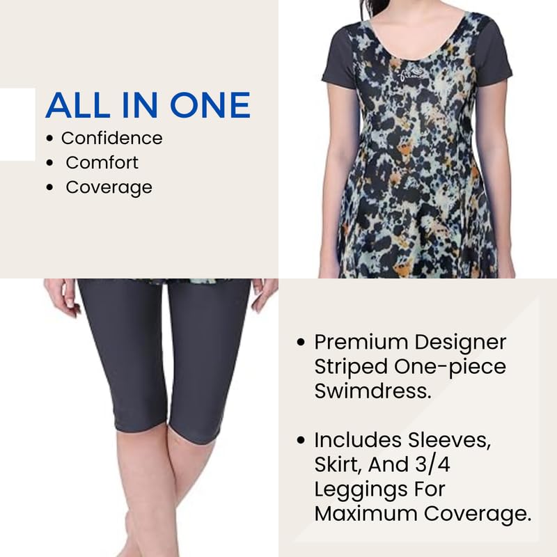 Image of Originals Swimming Costume for Women's One-Piece Beach Wear with Sleeve & Skirted 3 /4 Leggings Maximum Covered Swim Wear Dress (L - 7XL)