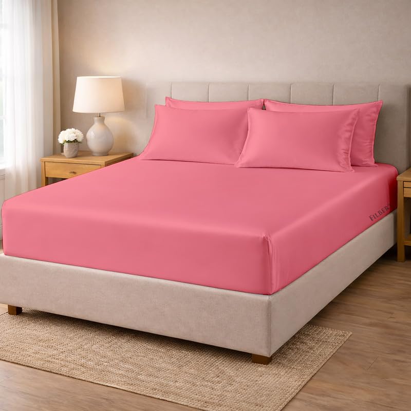 Image of Filbert - Premium Satin Fitted Bedsheet Single Bed (36x75 Inch) with 1 Pillow Cover | Hypoallergenic Breathable | Hair and Skin Friendly, Women Gift Choice|Coral Pink