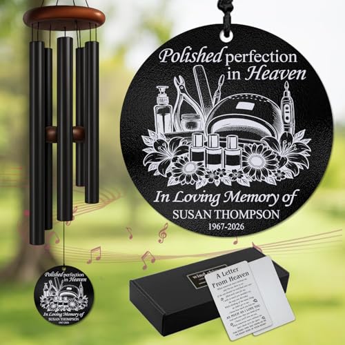 Personalized Beauty Memorial Wind Chimes Custom Name Years Nail Tribute Hanging Chime Outdoor Garden Decor Salon Inspired Remembrance Piece Self Care Legacy Keepsake Sympathy Gift Display Item