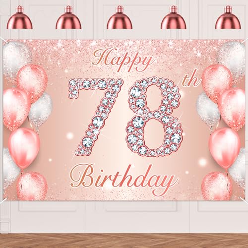 Image of Happy 78th Birthday Rose Gold Banner Cheers to 78 Years Old Backdrop Confetti Balloons Theme Decor for Women 78 Years Old Pink Birthday Party Decorations Bday Supplies Background Favors Gift Glitter