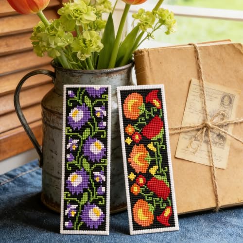 Image of ACRNIGHEET 6PCS Cross Stitch Kits Stamped Cross Stitch Bookmark Kit for Beginner Adults Easy Flower DIY Embroidery Bookmark Kit Needlepoint Kits with Instructions Book Lovers Craft Gift 8.5''x3'' 11CT