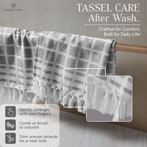 Image of Matrix Dobby Kitchen Dish Towels Set of 4, 100% Cotton, 16x26 Inches, Reusable Dishcloths with Handmade Knotted Tassels, Absorbent, Washable Towels for Cleaning - Dark Gray, White