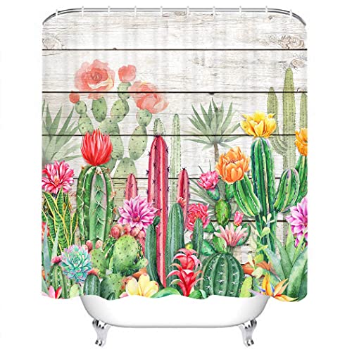 Cyrekud 72" X 72" Watercolor Cactus Shower Curtain Tropical Desert Succulent Plants Bathroom Set Southwest Tropical Plant Wooden Board Bathroom Decor Durable Fabric Machine Washable With 12 Hooks #TOP21
