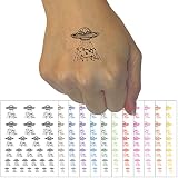 Alien UFO Abducting a Cow Temporary Tattoo Water Resistant Fake Body Art Set Collection - Black (One Sheet)